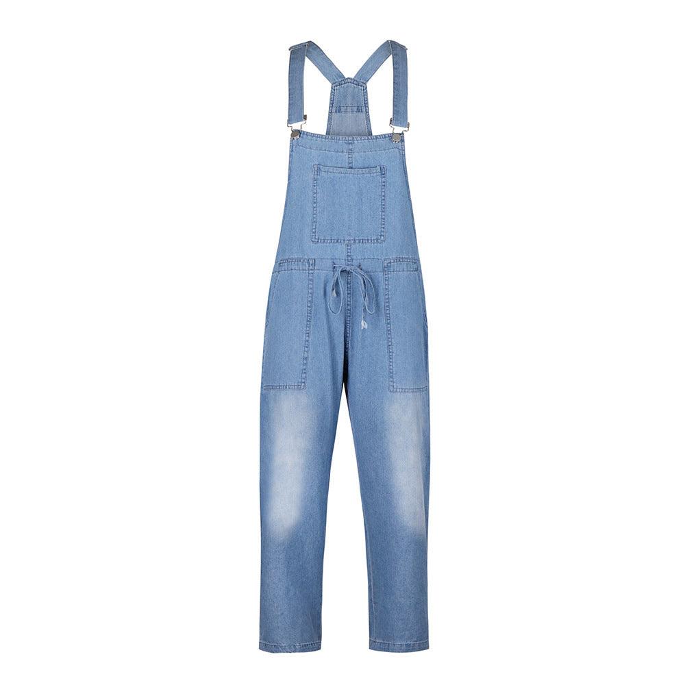 Cowgirl Drawstring Denim Overalls Comfort Fit Mid Waist