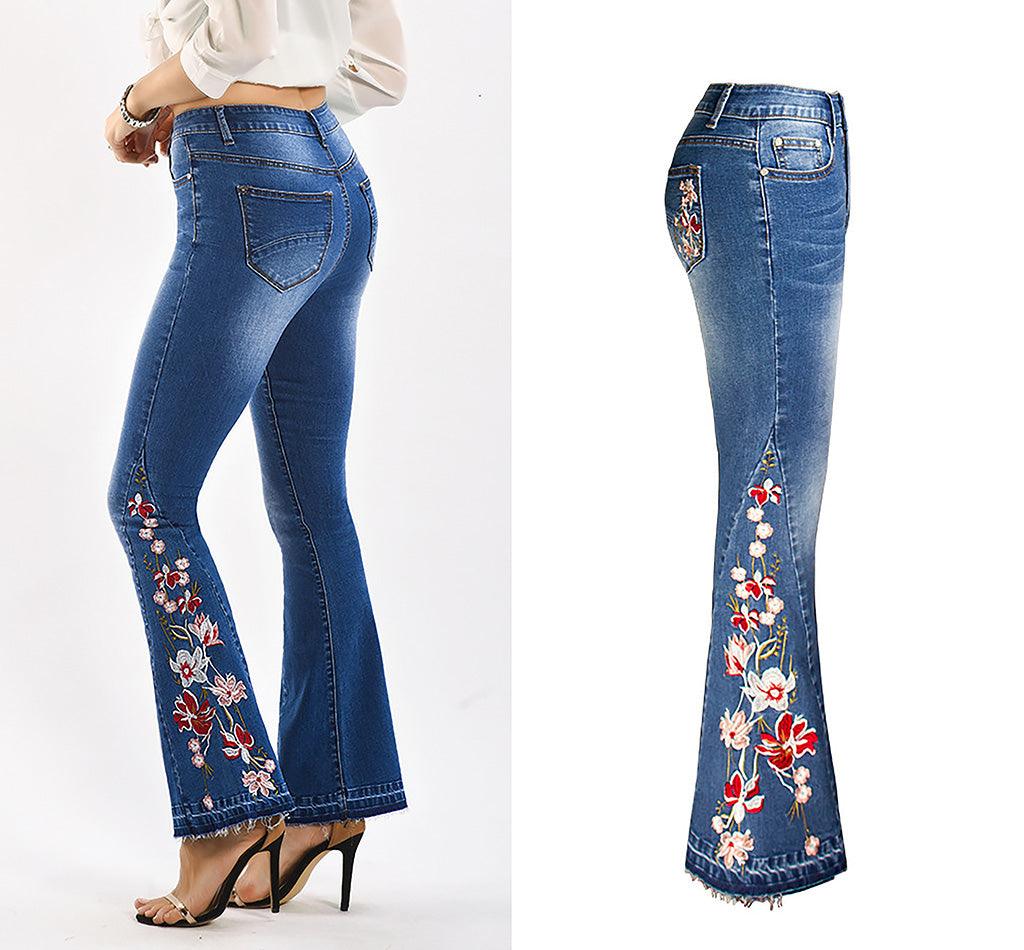 Flared Leg Embroidered Denim Jeans With Floral Hem