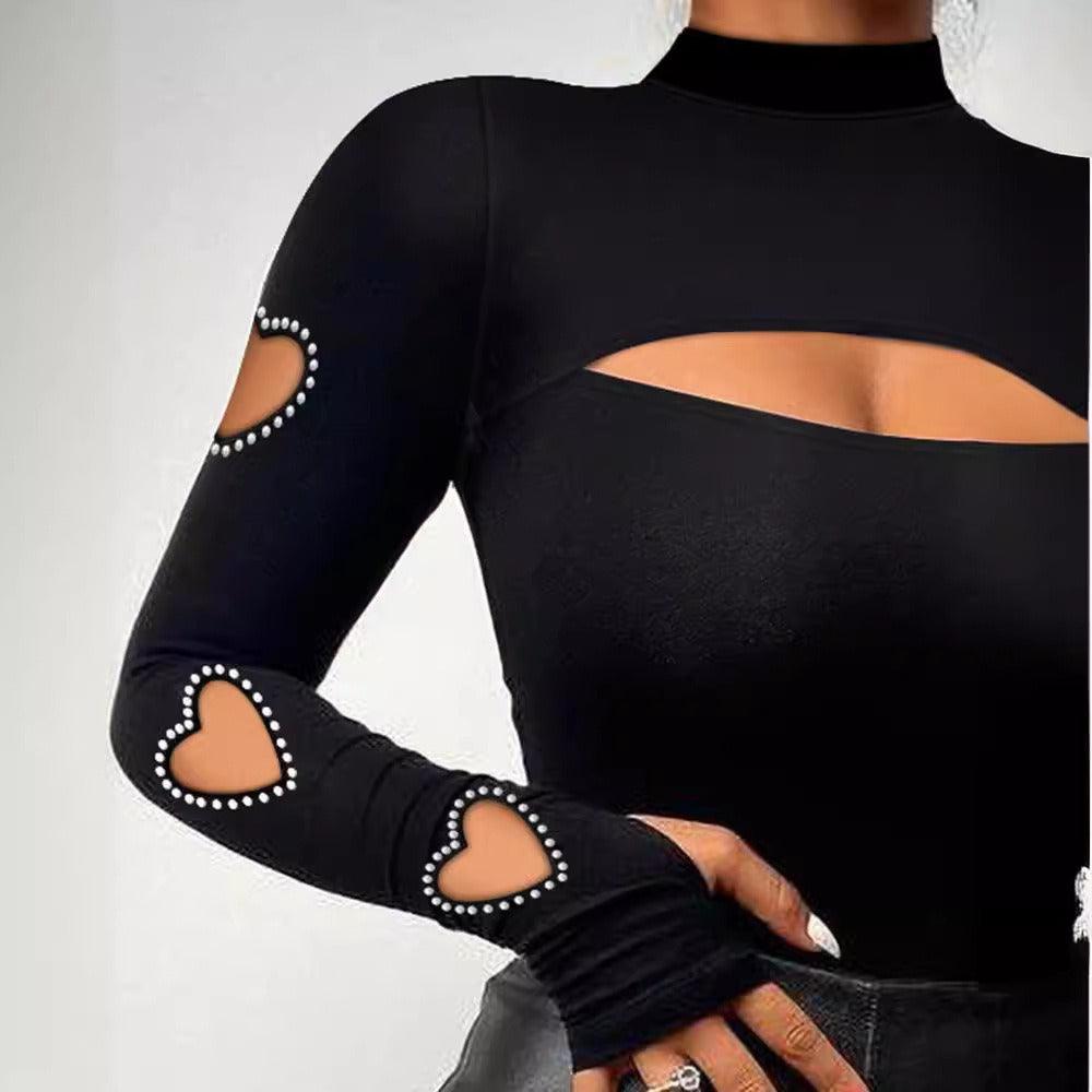 Sexy Country Chic Heart Cutout Beaded Long Sleeve Top For Women Model HCBLS