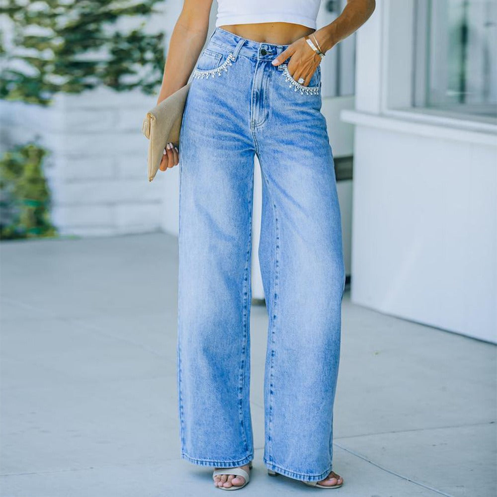 Ava Petal Pocket Wide Leg Denim Jeans Light Blue Wash