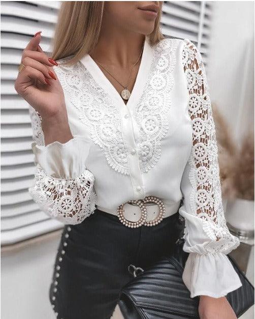 Stylish White Lace Long Sleeve Cut Out Shirt SLL01