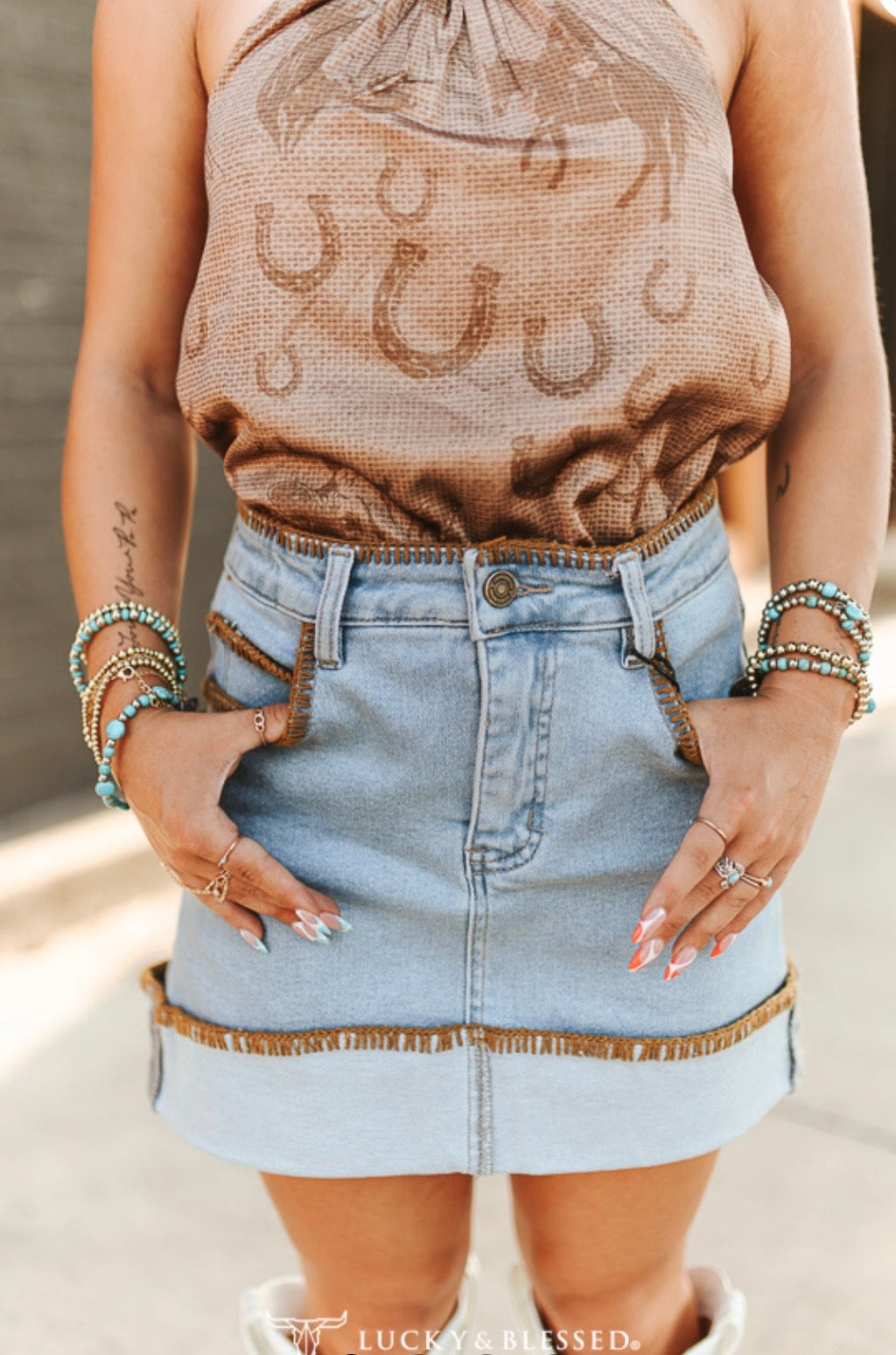 LIGHT WASH FRINGE TRIM STITCHED HEM DENIM SKIRT