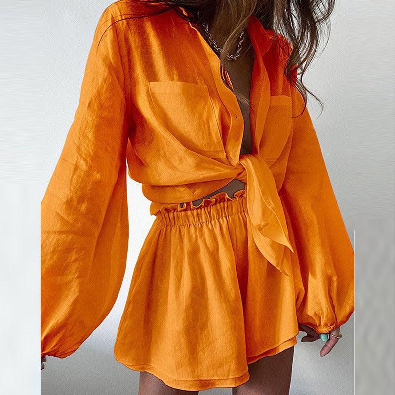 Country Girl Casual Ruffled Edge Shorts Shirt Set Two Piece For Spring Summer