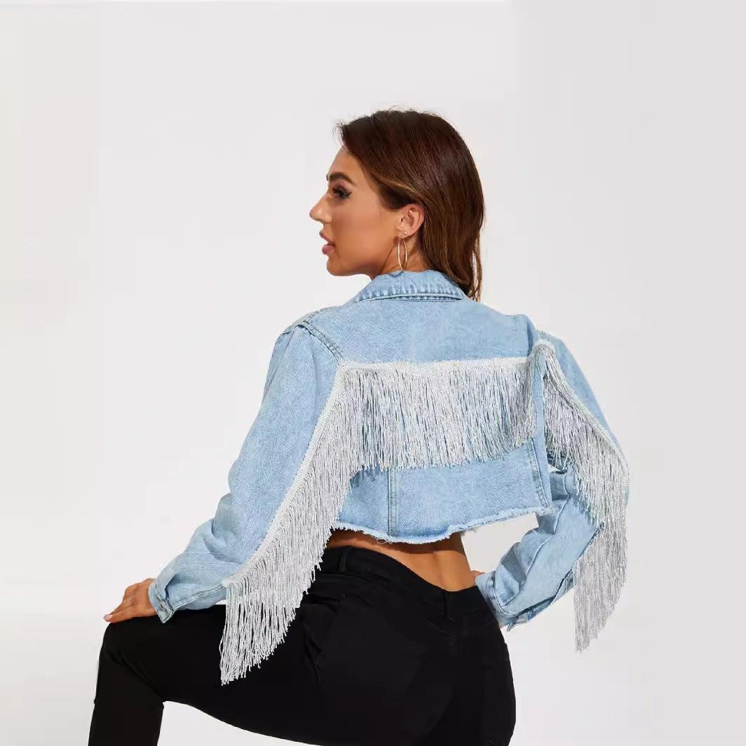 Fringe Rider Short Denim Jacket Fringed Sleeves Casual Outerwear
