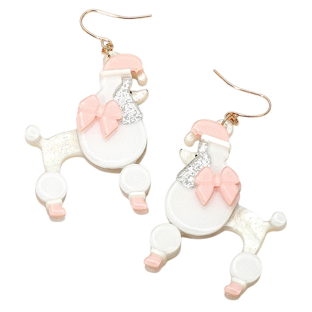 Holiday Bow Santa Hat Poodle Dog Dangle Earrings