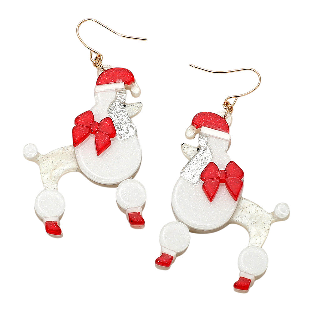 Holiday Bow Santa Hat Poodle Dog Dangle Earrings