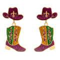 Enamel Glitter Mardi Gras Western Hat Boot Drop Dangle Earrings