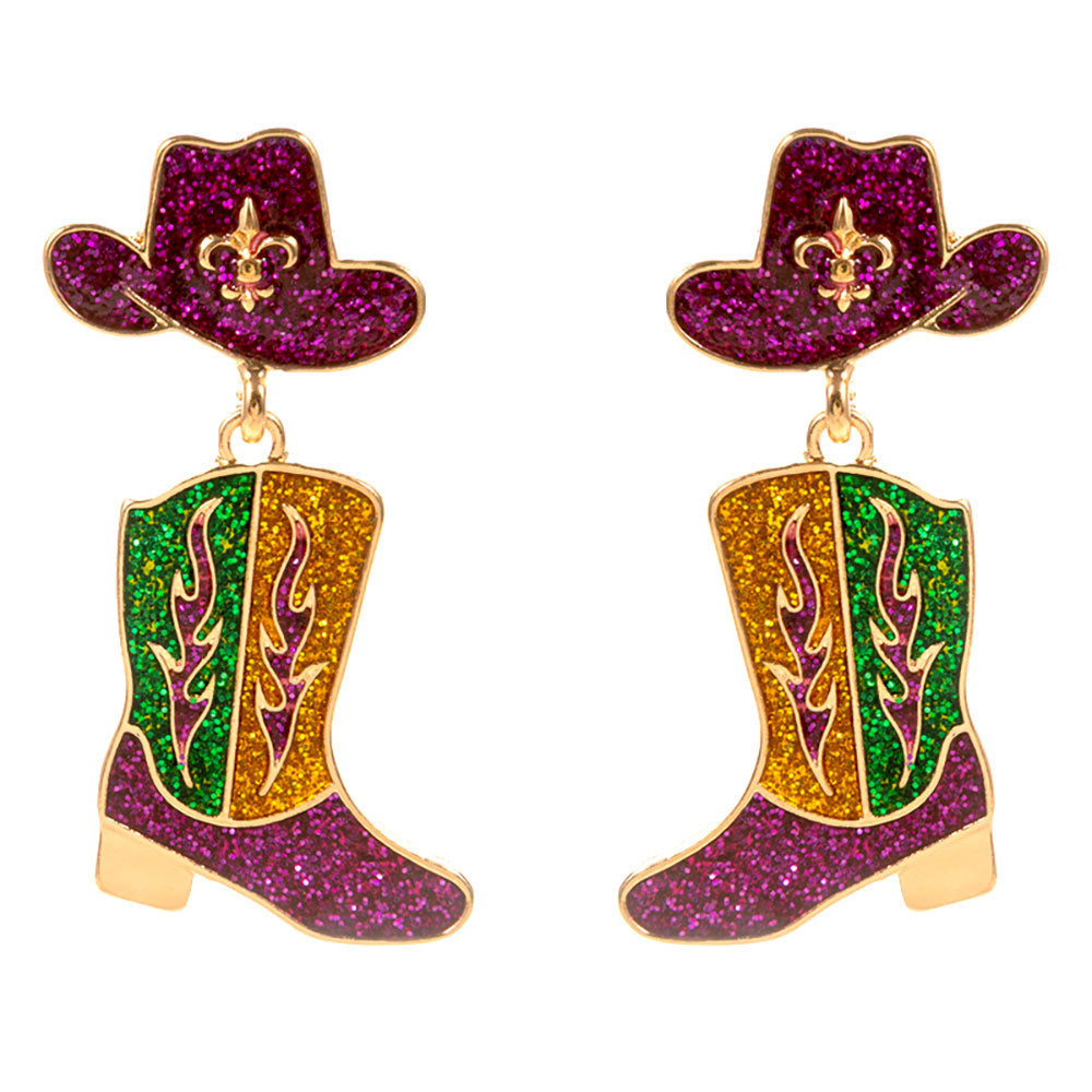 Enamel Glitter Mardi Gras Western Hat Boot Drop Dangle Earrings