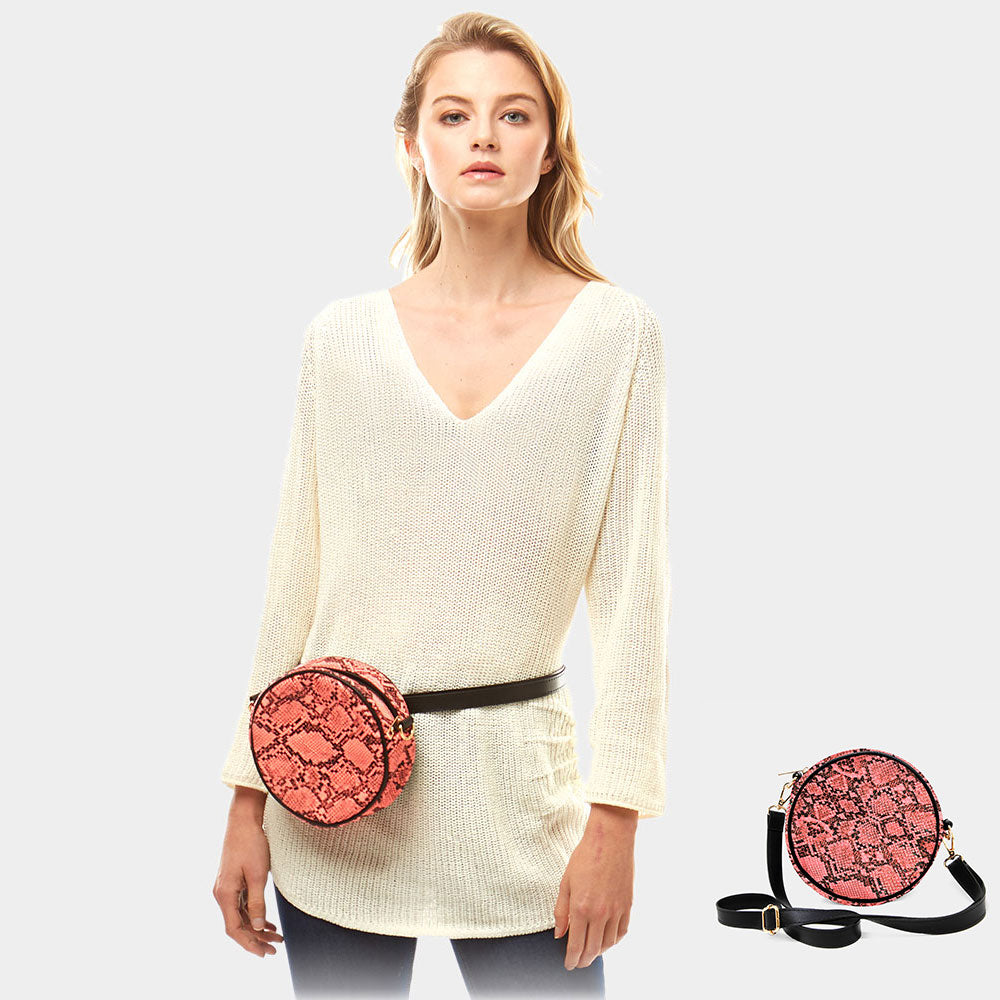 Snake Skin Print Round Crossbody Bag / Belt Bag