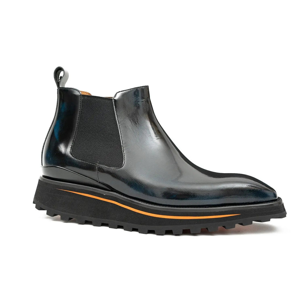 Dark Blue-Black Plain-Toe Chelsea Boots with Pull Tab
