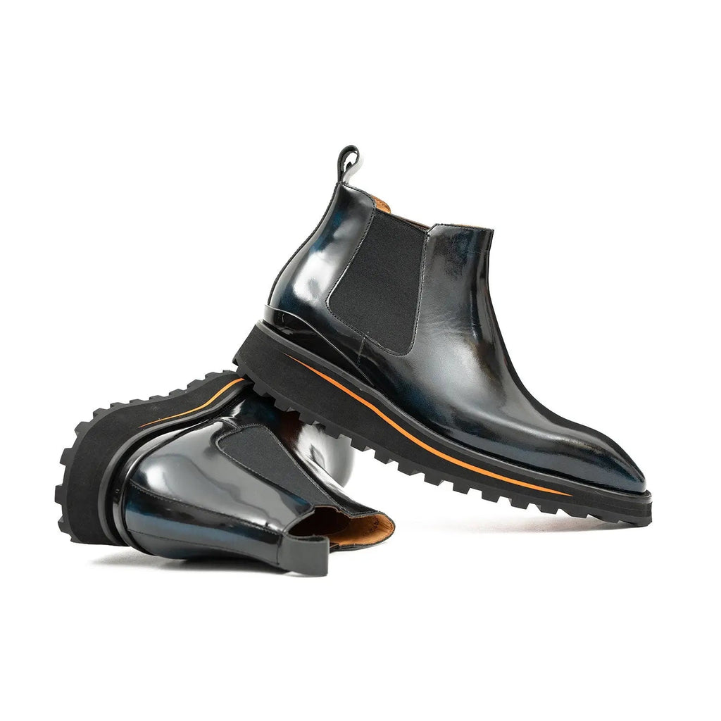 Dark Blue-Black Plain-Toe Chelsea Boots with Pull Tab