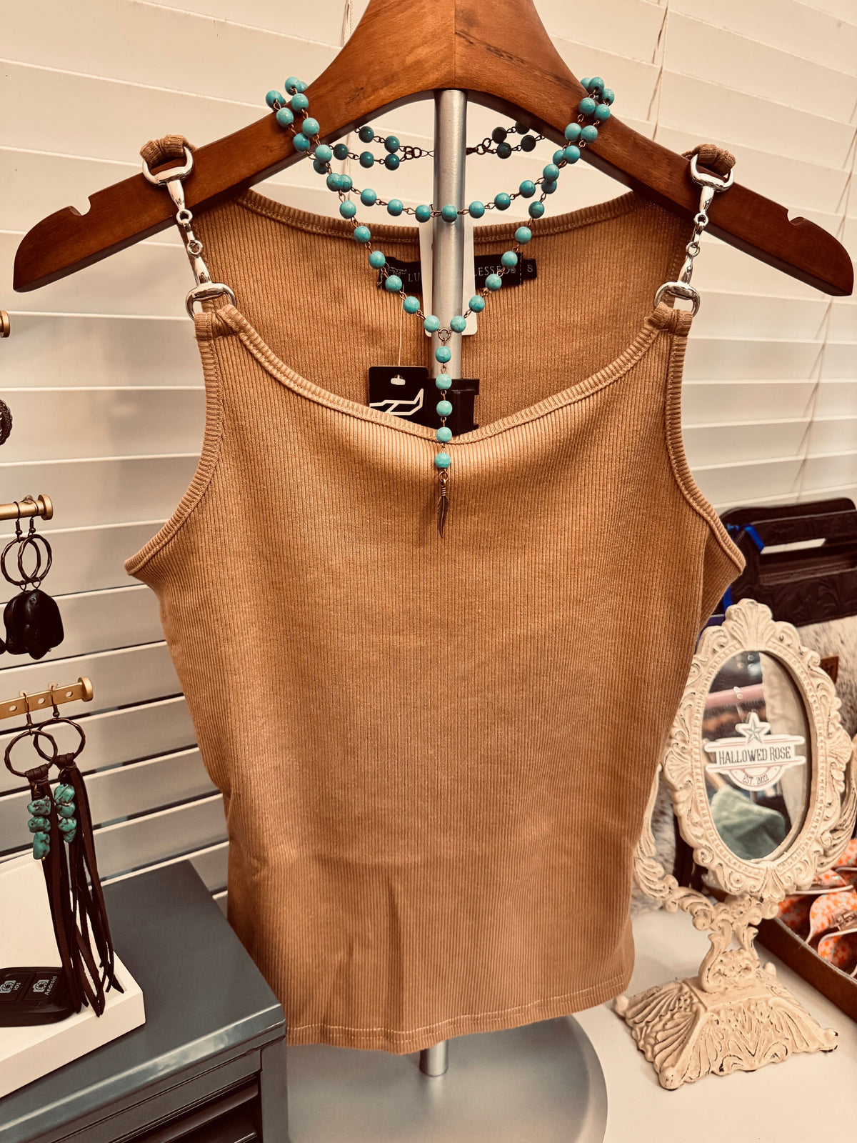 Brown Ribbed Buckle Strap Tank Top