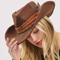 Rustic Distressed Band and Feather Accent Western Cowgirl Fedora Hat