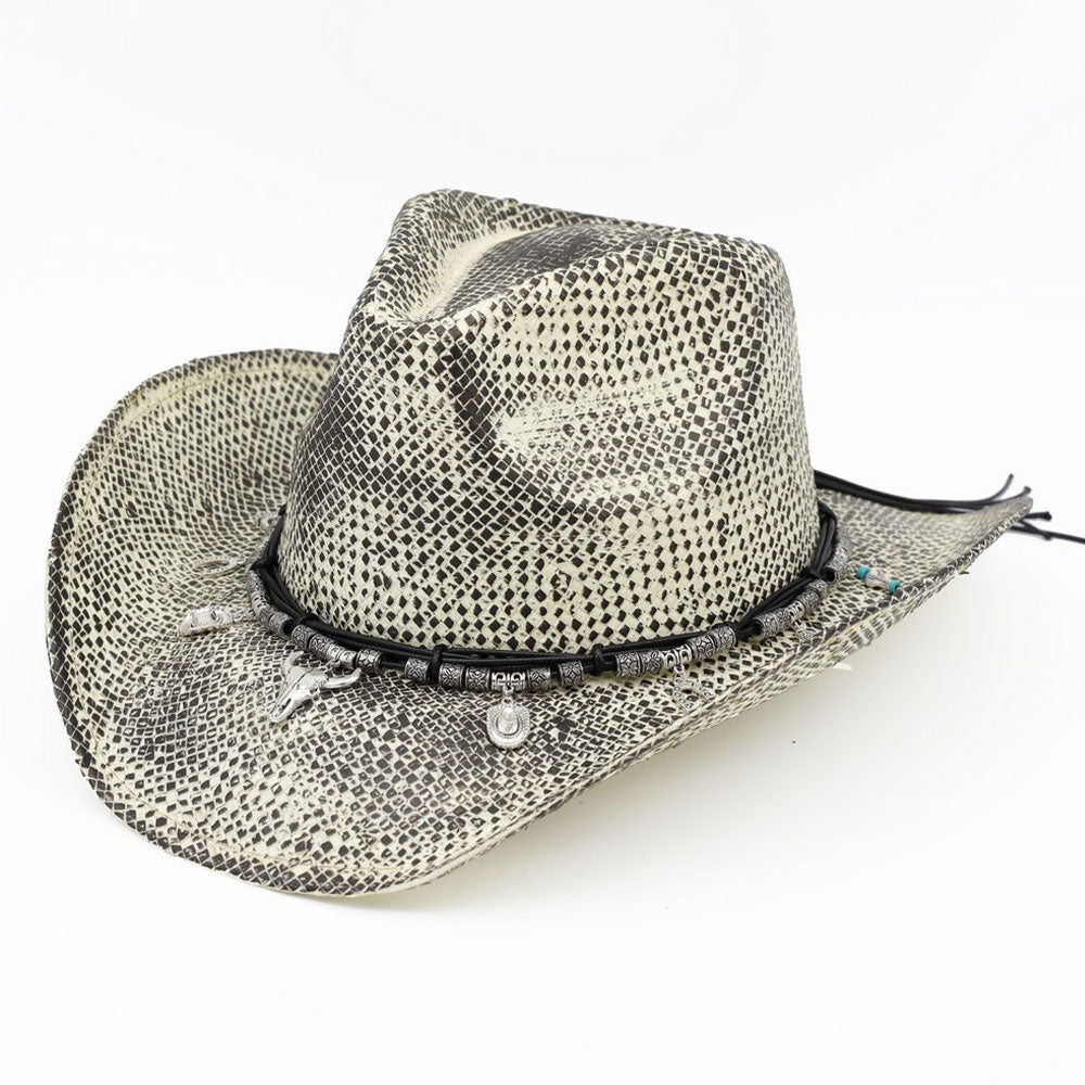 Handmade Vintage Steer Head Cactus Horseshoe Charm Faux Leather Band Western Straw Cowboy Hat