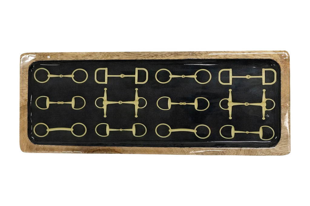 Huntley Equestrian Snaffle Big Long Wooden Serving Tray-Black and Gold Equestrian Home Decor