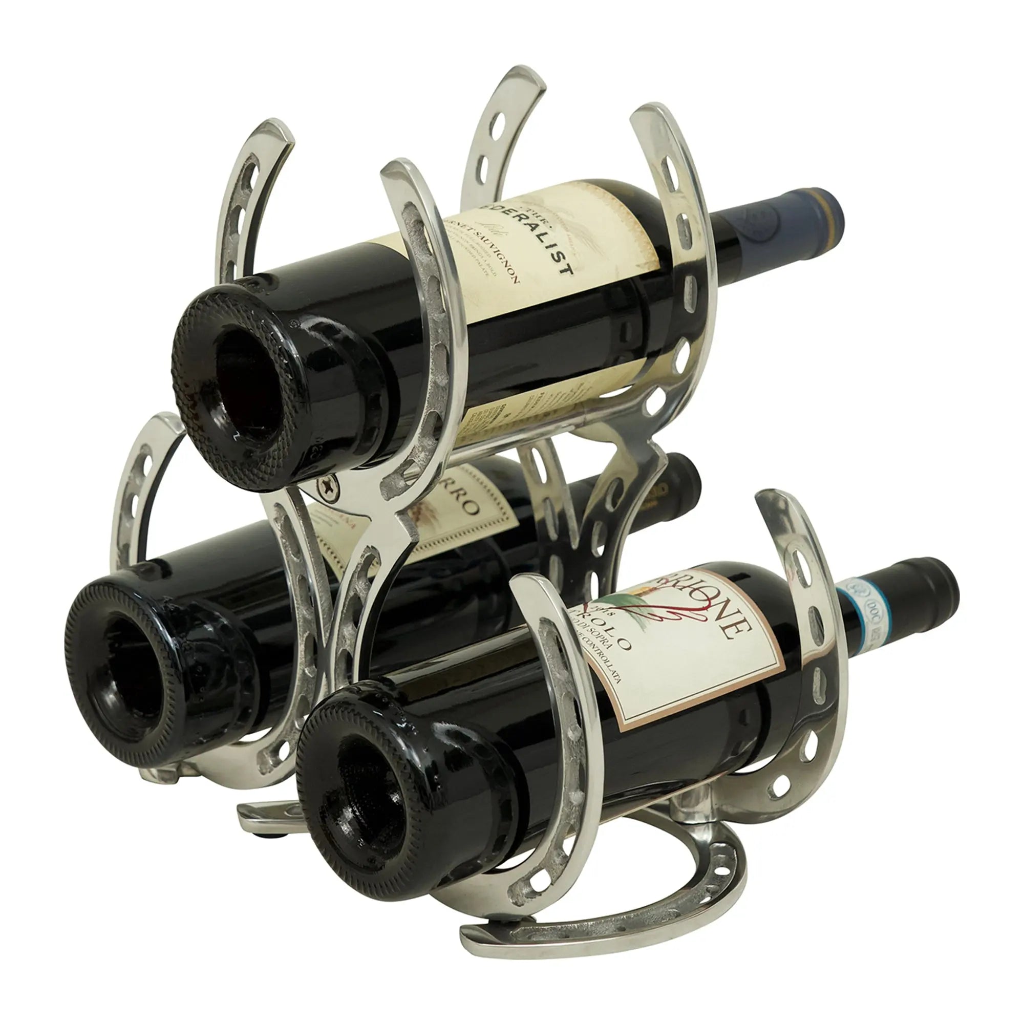 Huntley Horseshoe 3-Bottle Wine Rack, Aluminum Silver Finish