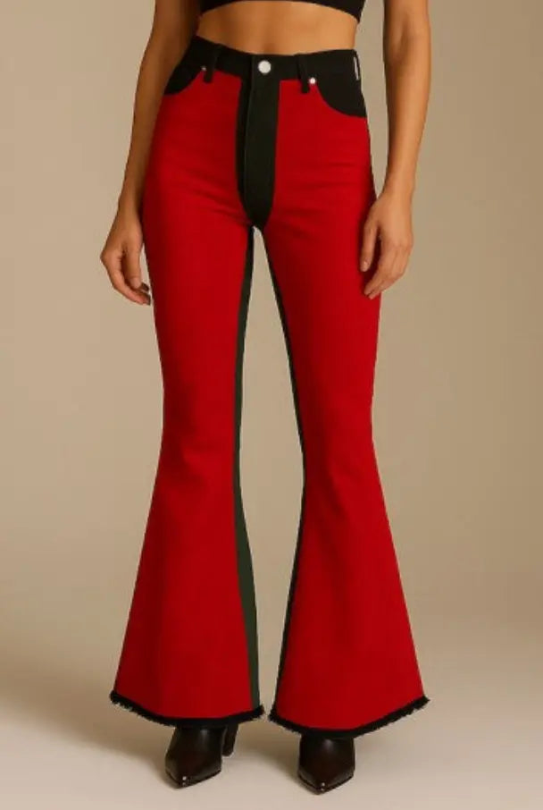 Red Suede Chap Panel Bell Bottom Jeans -32” Inseam