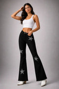 Black Denim Star Rhinestone Bell Bottom Jeans -32” Inseam