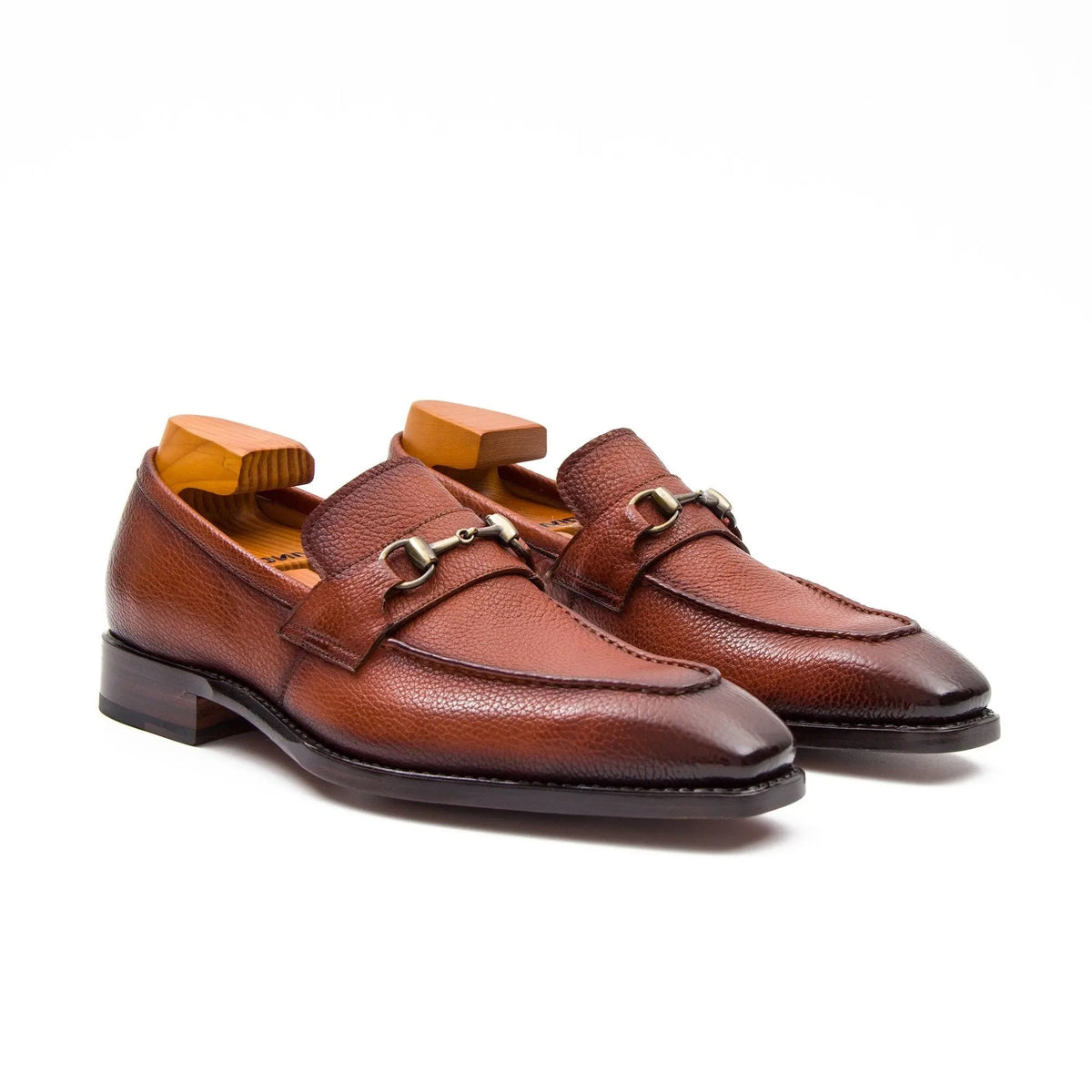 Brown Apron-Toe Loafers with Pebbled Texture