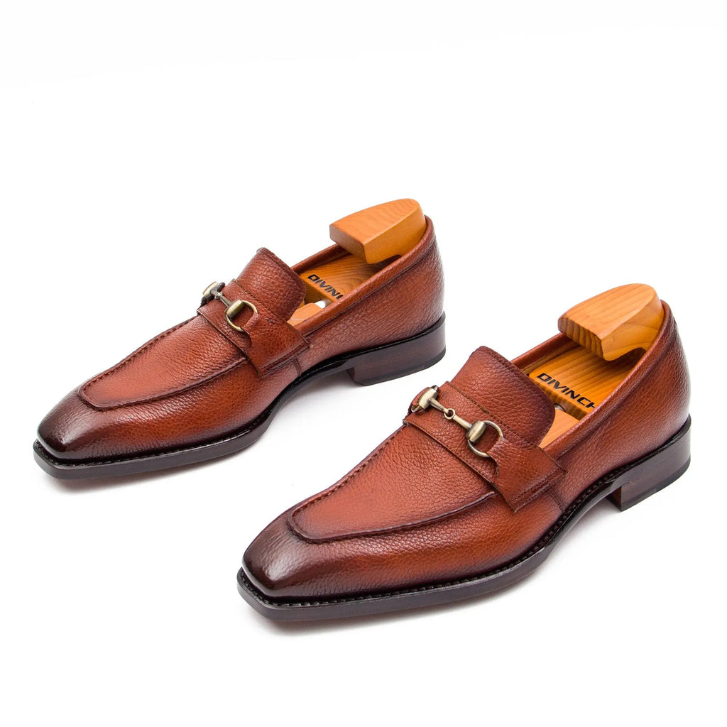 Brown Apron-Toe Loafers with Pebbled Texture