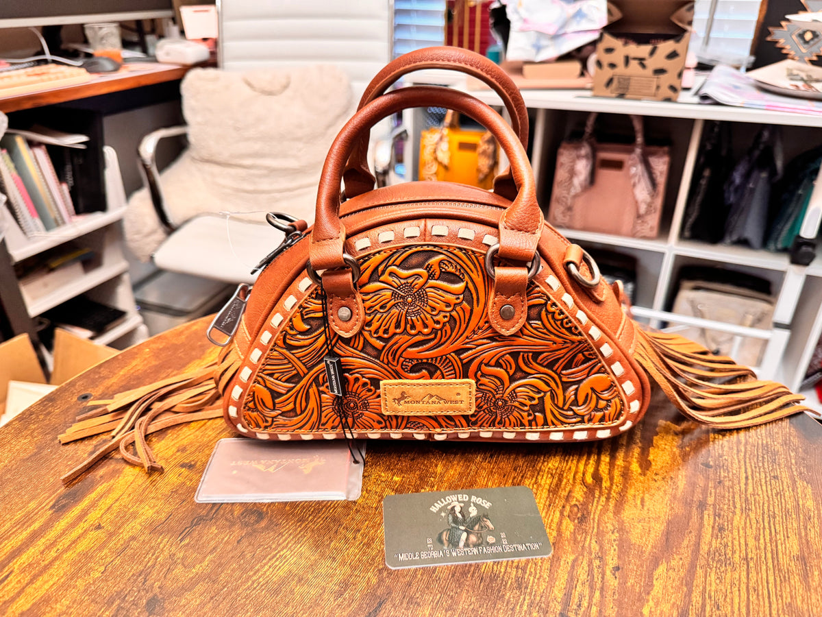 Montana West Tooled Floral Fringe Dome Satchel Bag