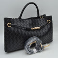 Woven Checkerboard Top-Handle Tote Bag with Detachable Crossbody Strap