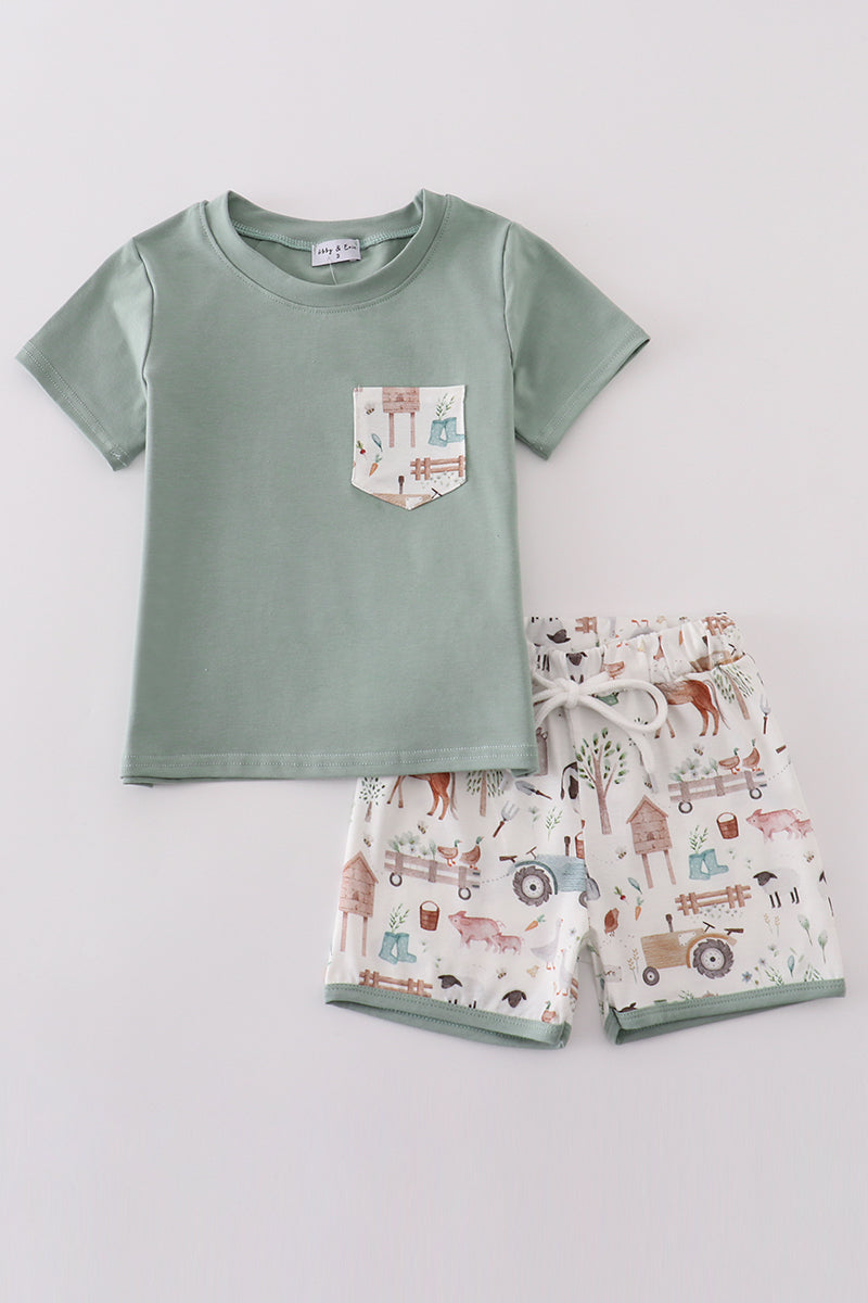 Sage Farm Print Boy Set Outfit 001 For Kids Soft Fabric