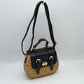 Woven Straw Satchel Bag with Faux Leather Flap and Double Buckle Accent