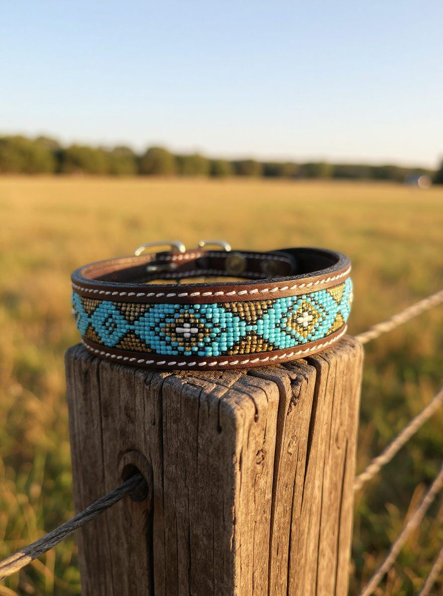 Epic Padded Leather Dog Collar with Beaded Design O
