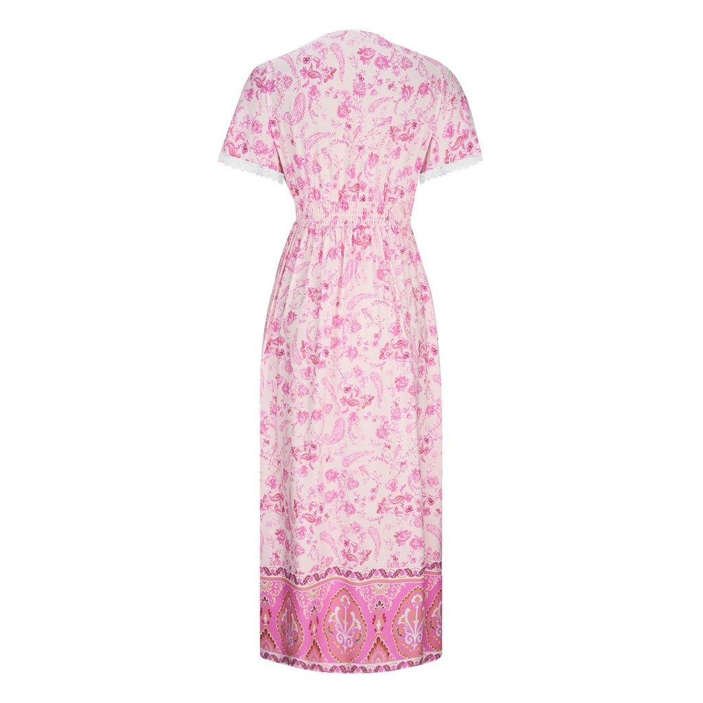 Women's Short Sleeve Lace Trim Tie-Waist Bohemian Dress Vacation Beach Dress Floral