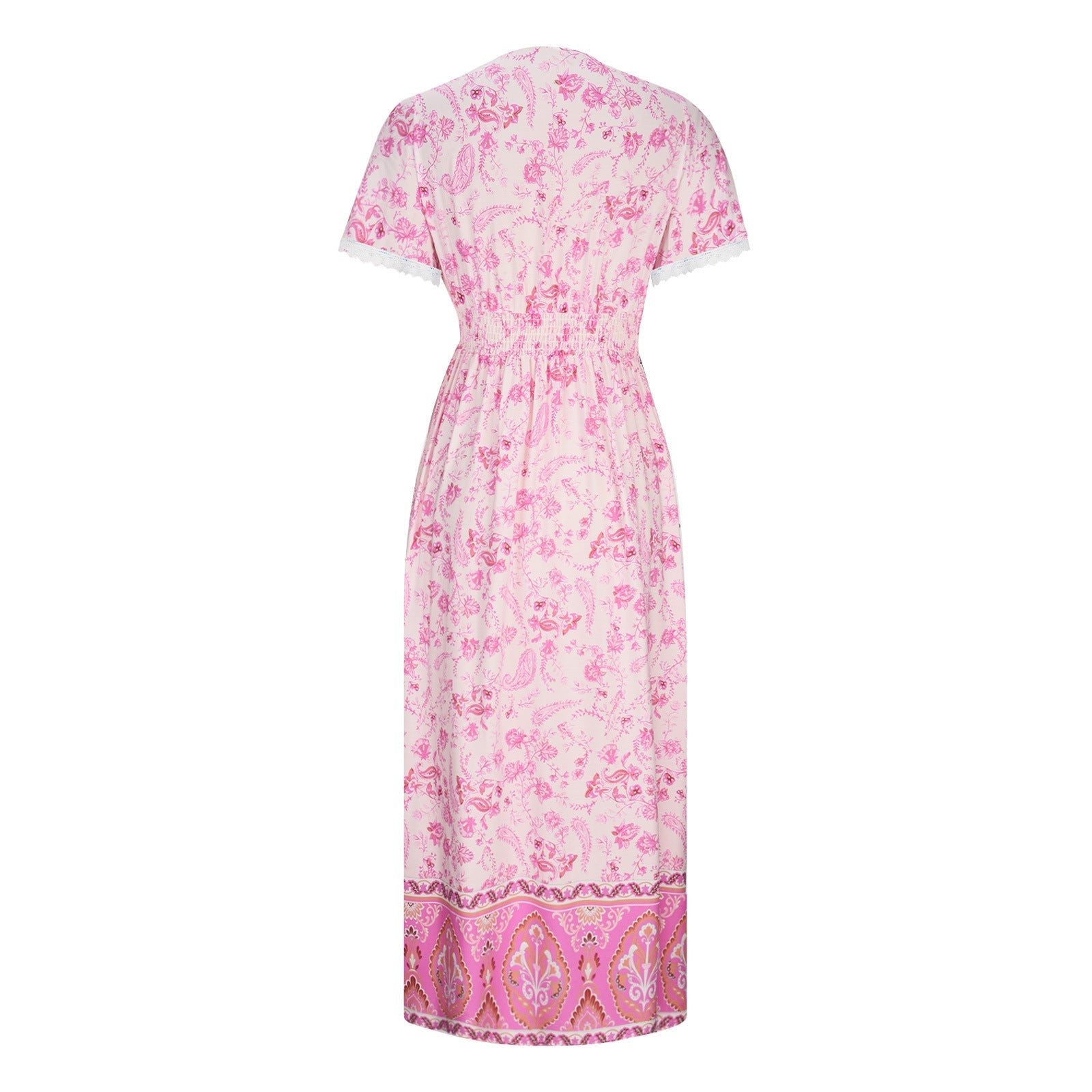 Women's Short Sleeve Lace Trim Tie-Waist Bohemian Dress Vacation Beach Dress Floral