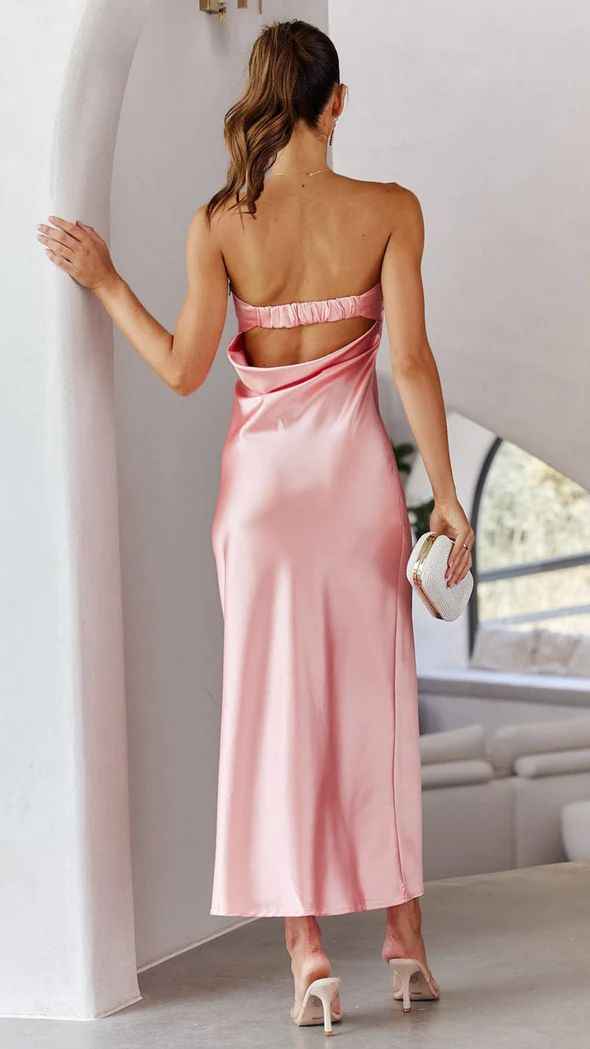 Satin Halter Backless Slit Midi Dress - Print High Neck Elastic Waist Wedding Guest Dress