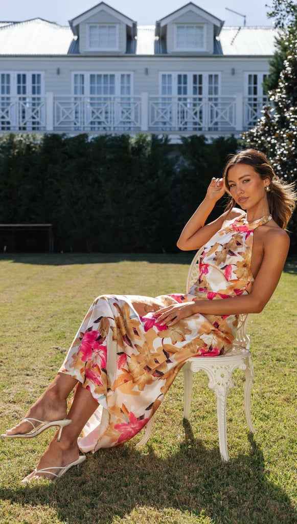 Summer Satin Dress Elegant Sleeveless Mock Neck Cocktail Party Maxi Dresses Sexy Halter Neck Floral Print Slim Casual dress