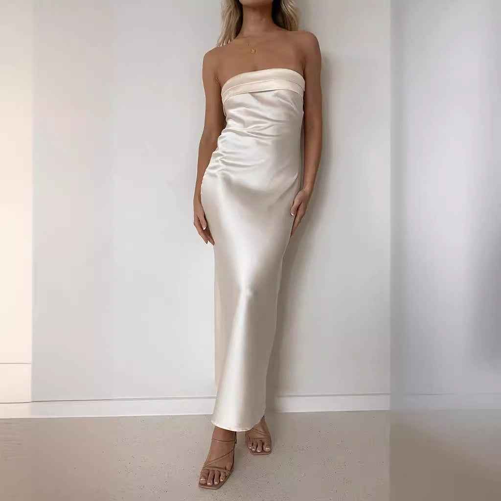Satin Halter Backless Slit Midi Dress - Print High Neck Elastic Waist Wedding Guest Dress