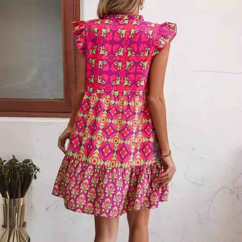 V-Neck Strap Flower Dress Cap Sleeve Printed Vacation Dress