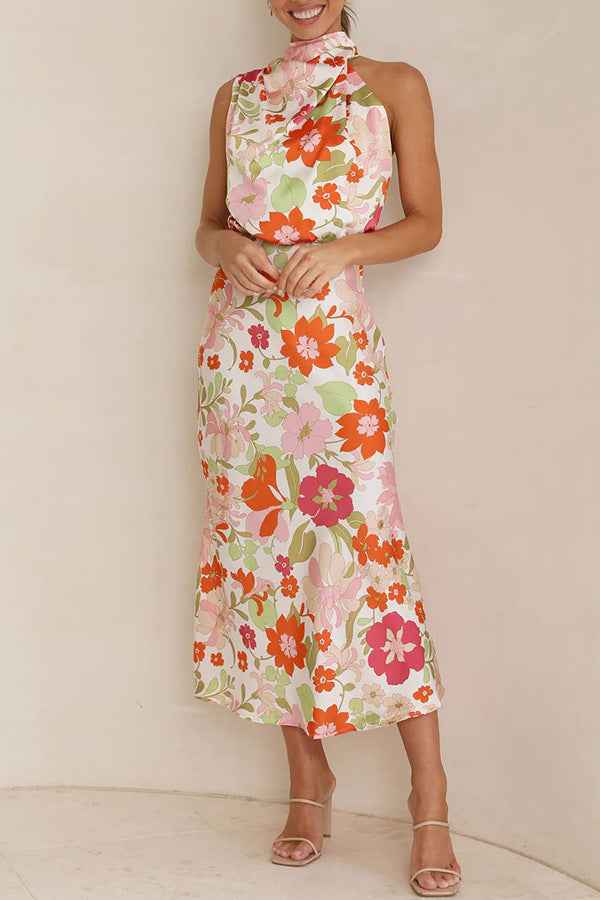 Sleeveless Strap Dress Slim Dress Satin Printing Temperament
