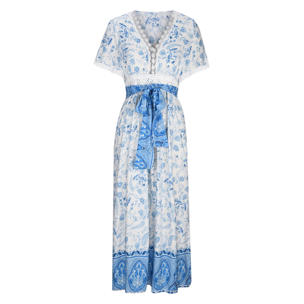 Women's Short Sleeve Lace Trim Tie-Waist Bohemian Dress Vacation Beach Dress Floral