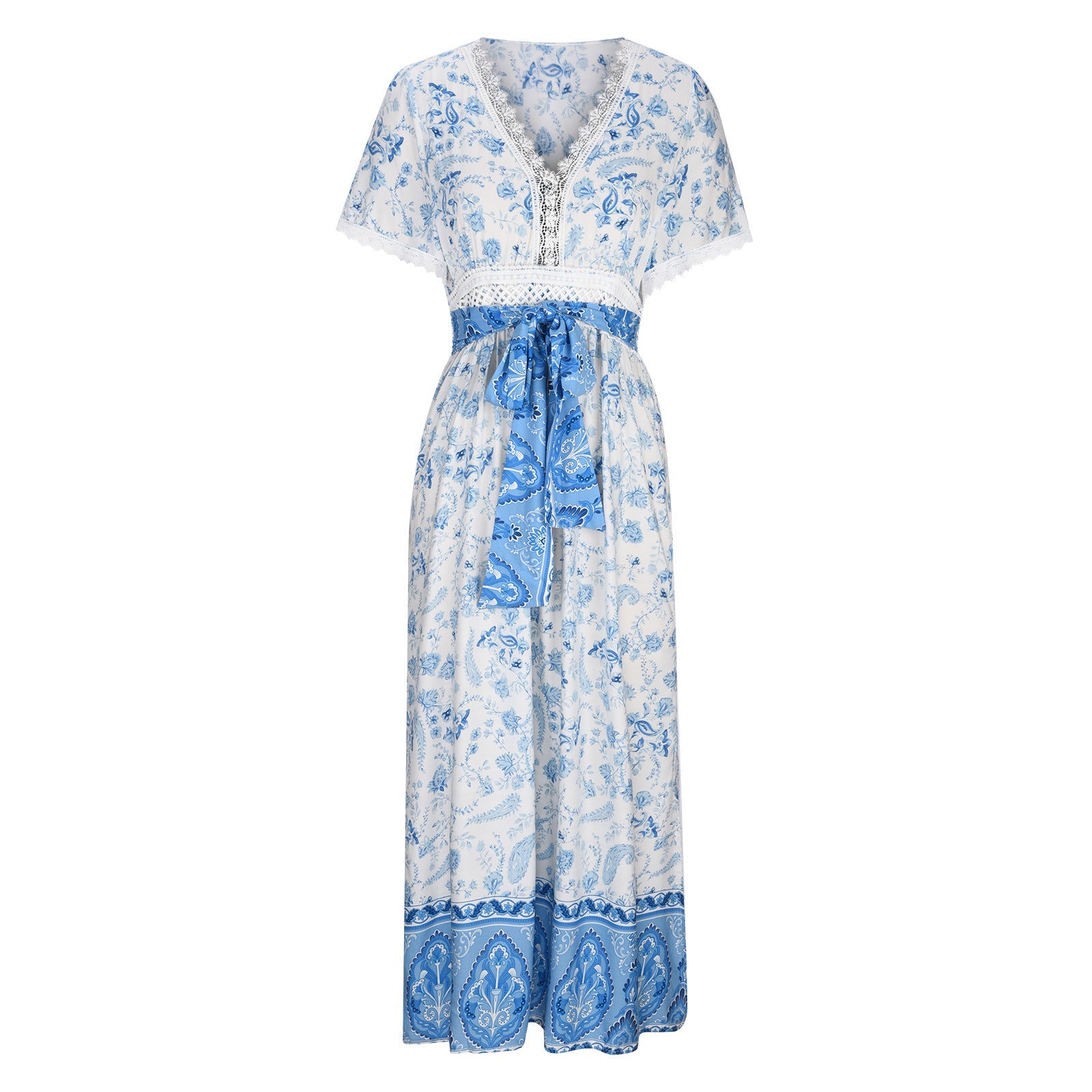 Women's Short Sleeve Lace Trim Tie-Waist Bohemian Dress Vacation Beach Dress Floral