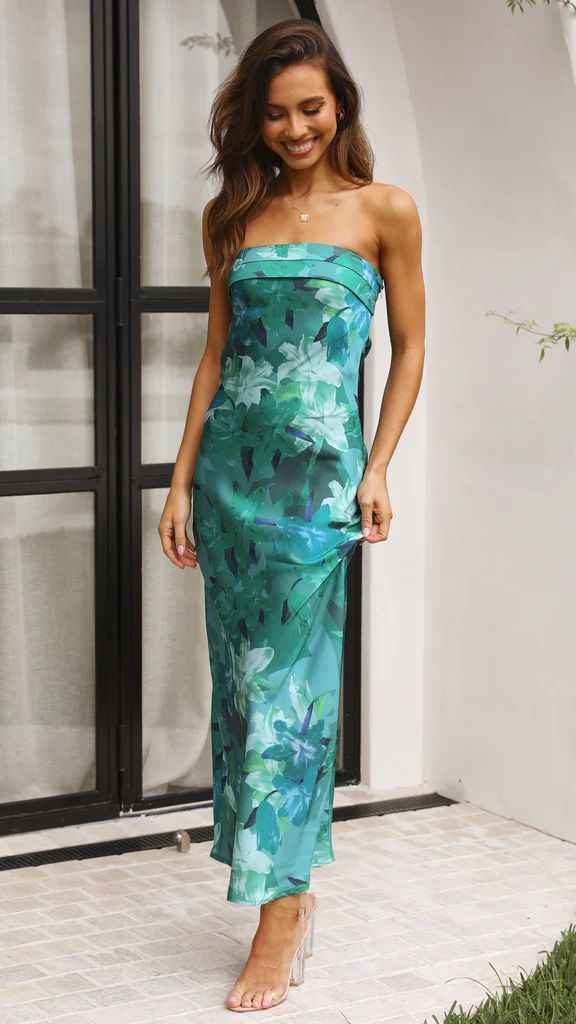 Satin Halter Backless Slit Midi Dress - Print High Neck Elastic Waist Wedding Guest Dress