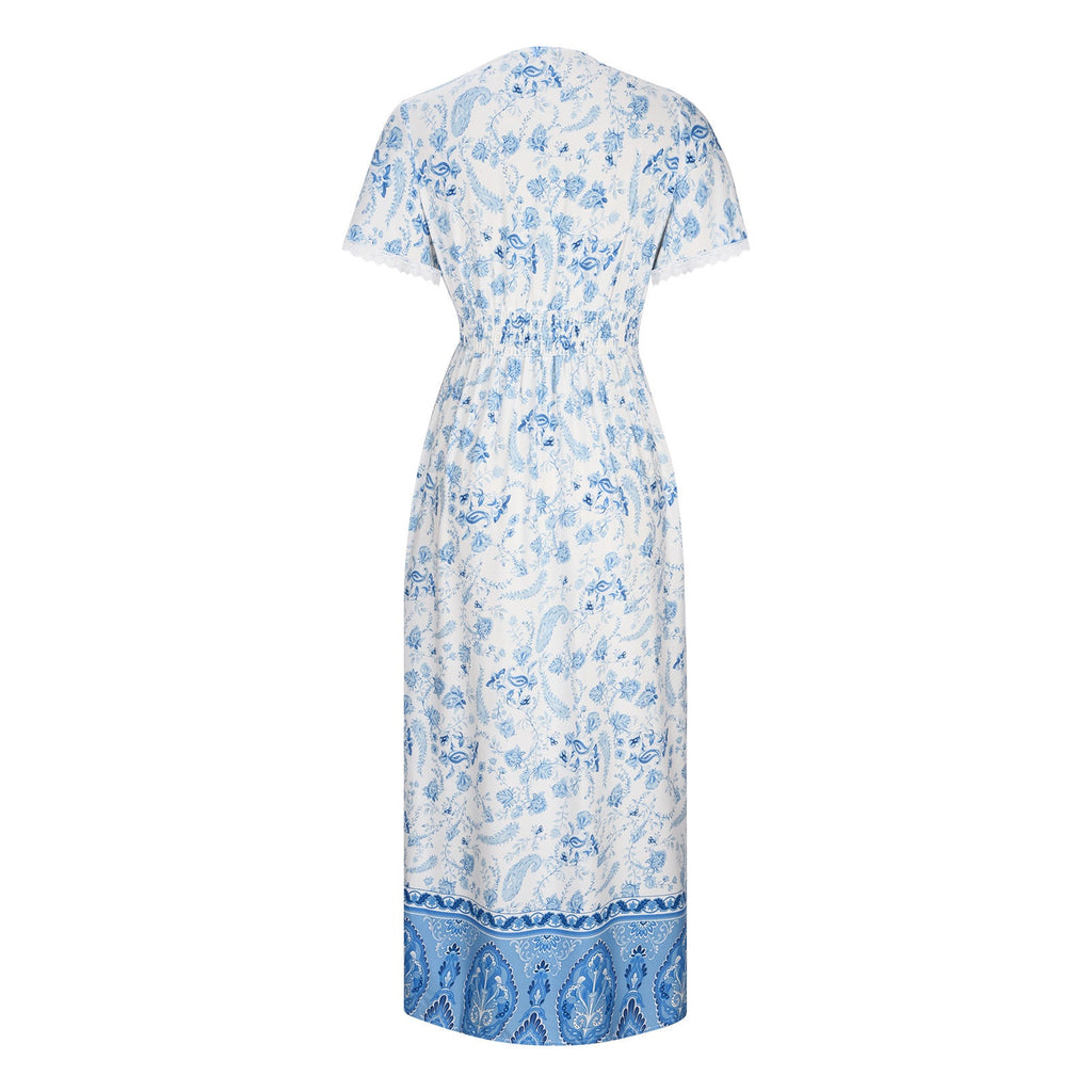 Women's Short Sleeve Lace Trim Tie-Waist Bohemian Dress Vacation Beach Dress Floral