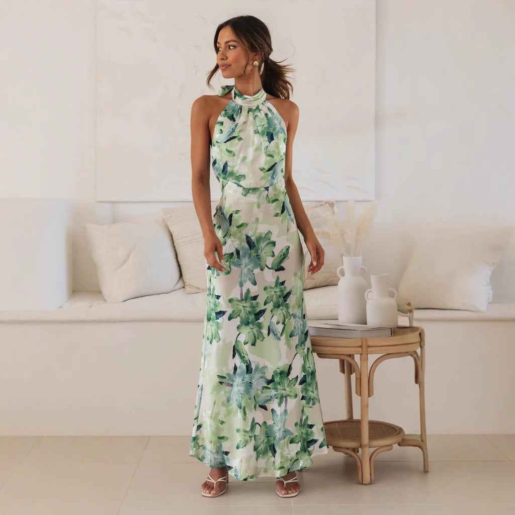 Summer Satin Dress Elegant Sleeveless Mock Neck Cocktail Party Maxi Dresses Sexy Halter Neck Floral Print Slim Casual dress