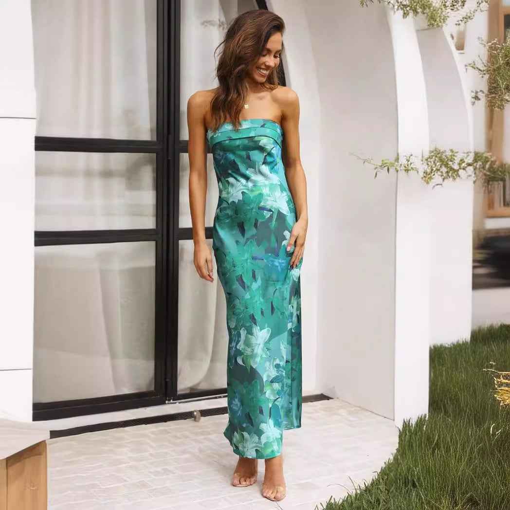 Satin Halter Backless Slit Midi Dress - Print High Neck Elastic Waist Wedding Guest Dress