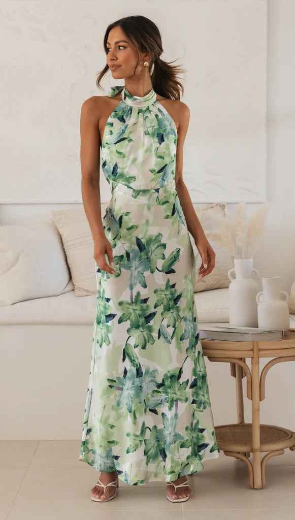 Summer Satin Dress Elegant Sleeveless Mock Neck Cocktail Party Maxi Dresses Sexy Halter Neck Floral Print Slim Casual dress