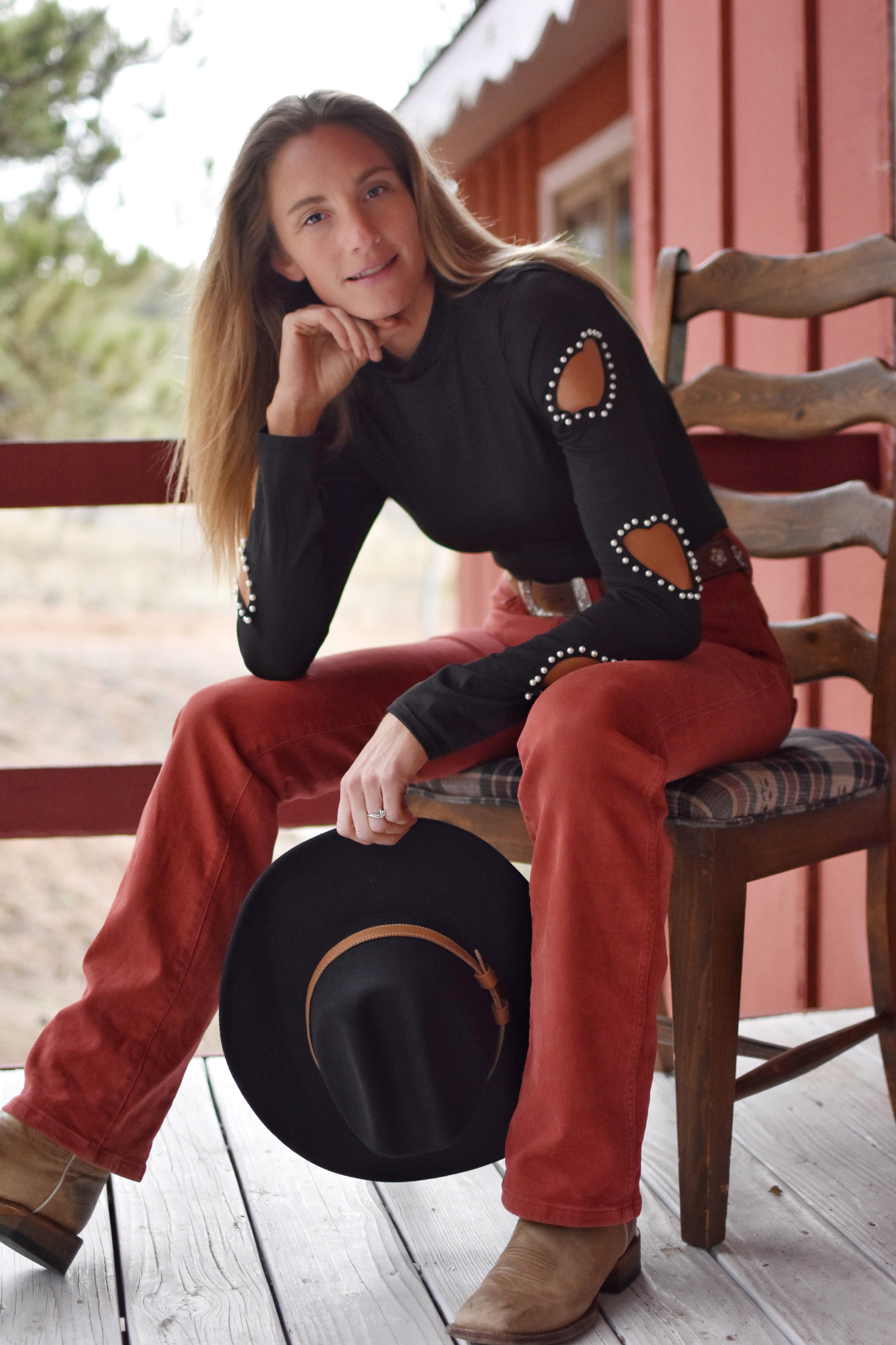 Sexy Country Chic Heart Cutout Beaded Long Sleeve Top For Women Model HCBLS