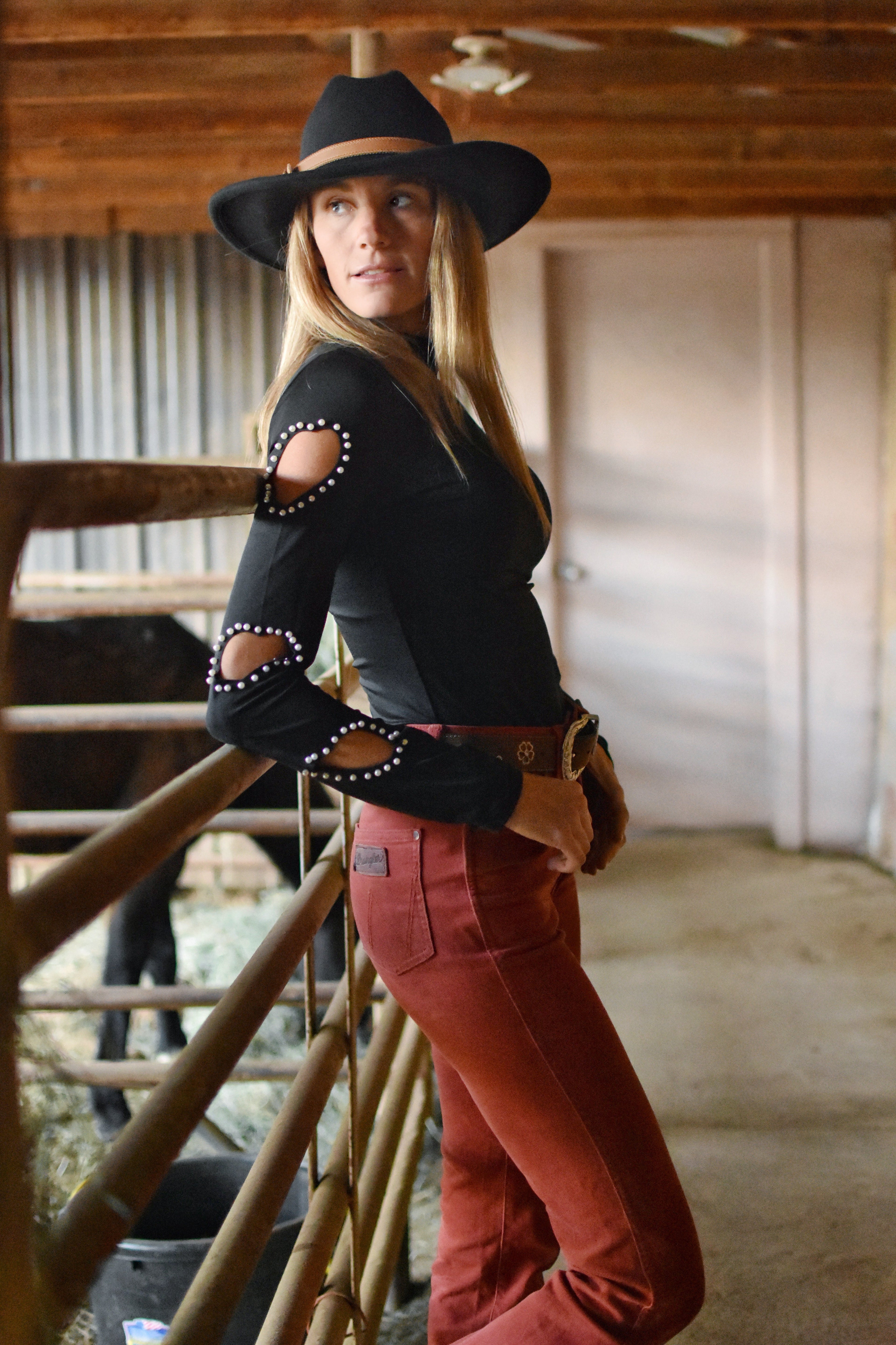 Sexy Country Chic Heart Cutout Beaded Long Sleeve Top For Women Model HCBLS