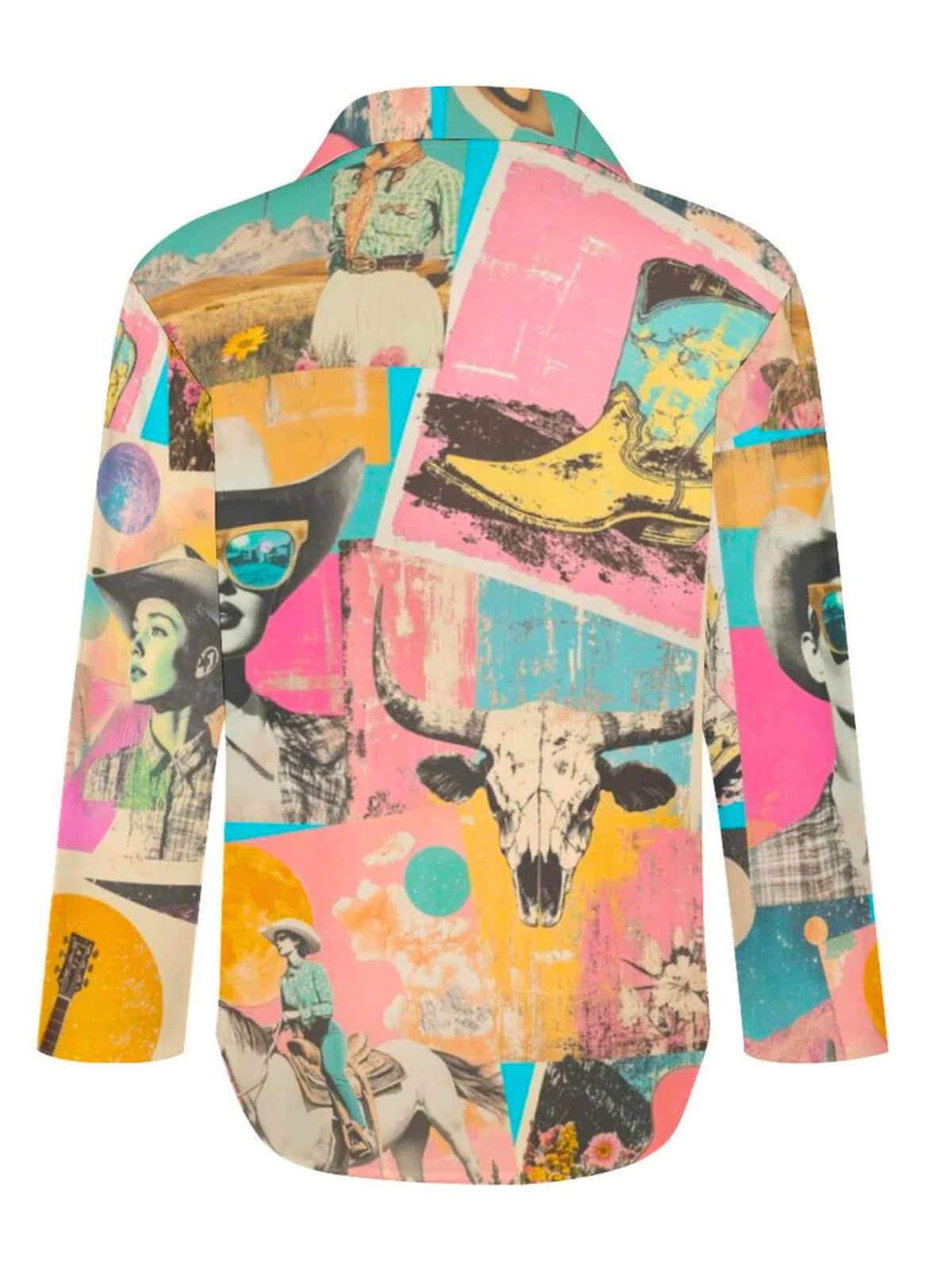 Baha Ranch Pop Western Retro Cowgirl Collage Button Up Blouse