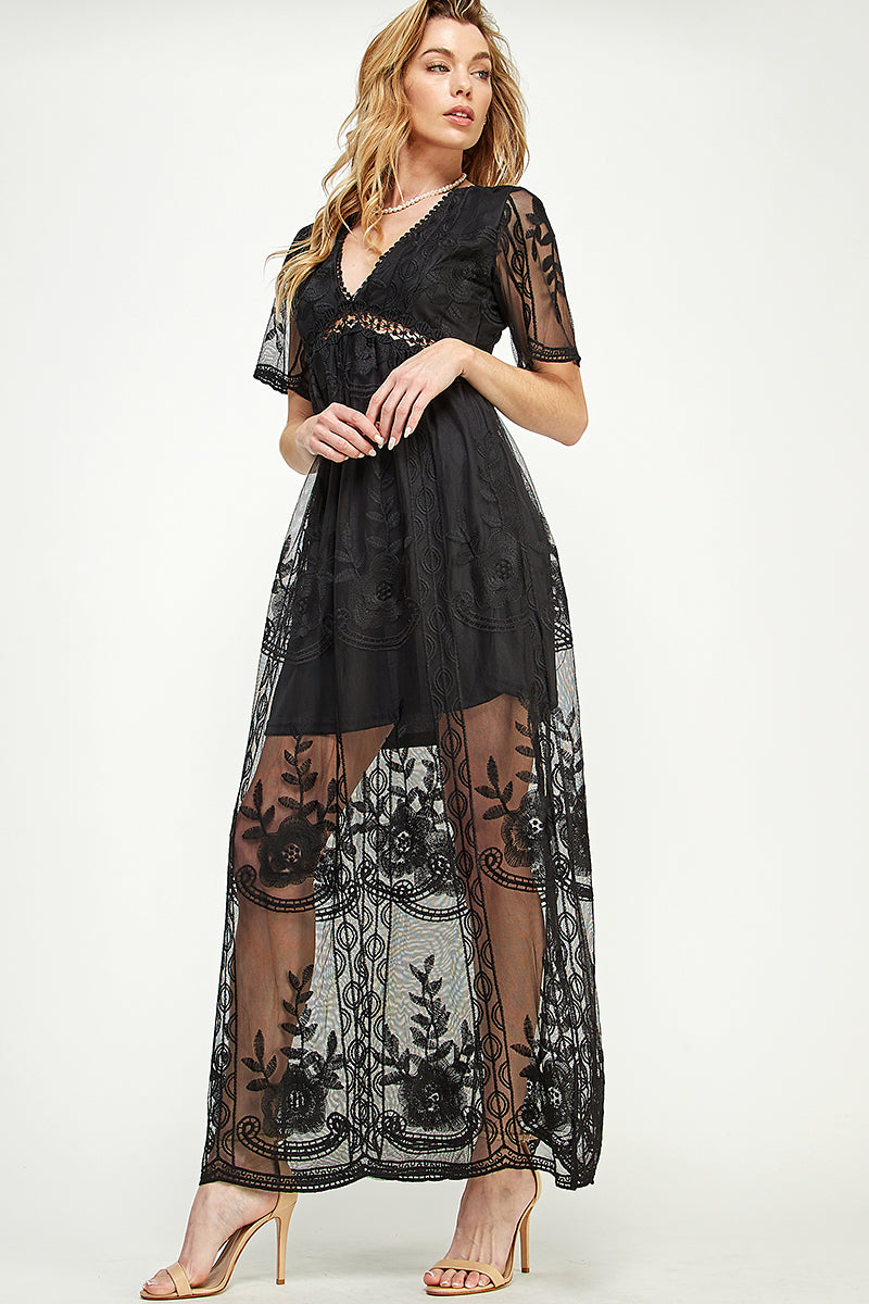 SD0204 LACE SHORT SLEEVE V-NECK MAXI DRESS