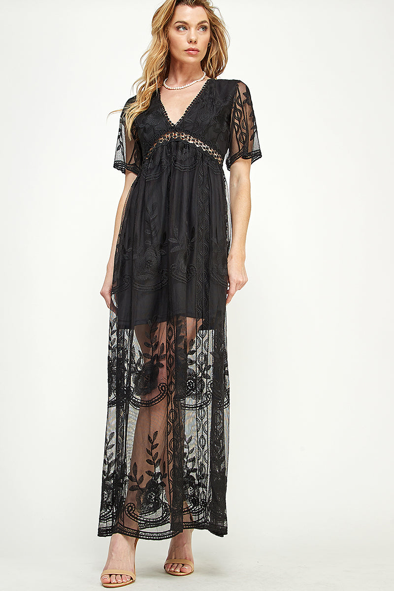 SD0204 LACE SHORT SLEEVE V-NECK MAXI DRESS