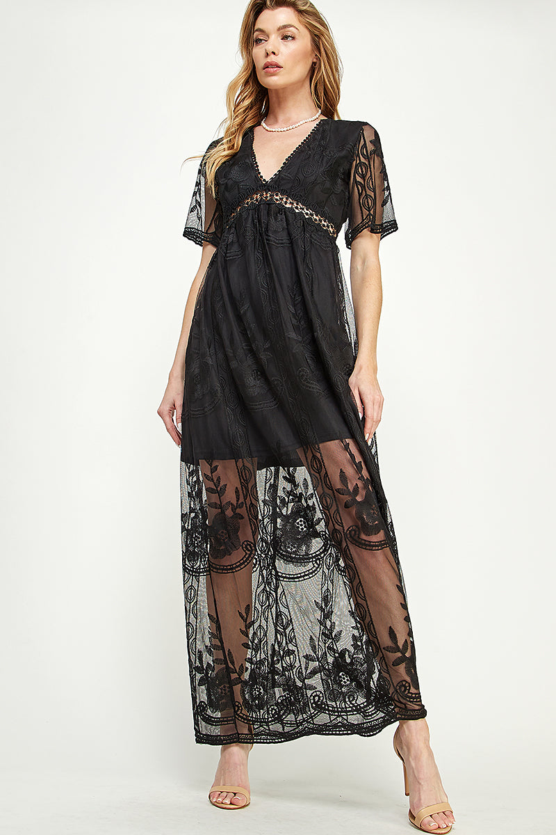 SD0204 LACE SHORT SLEEVE V-NECK MAXI DRESS