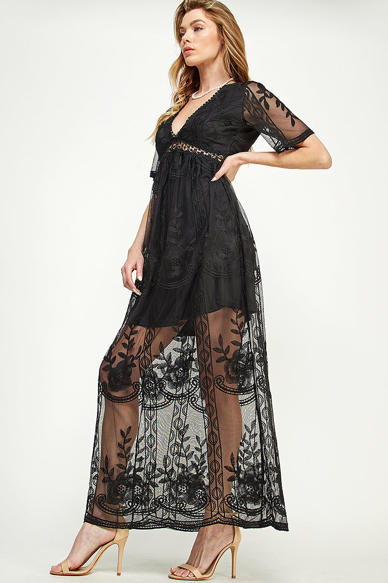 SD0204 LACE SHORT SLEEVE V-NECK MAXI DRESS